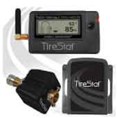 Tire pressure monitoring systems, such as the TireStat system from Mobile Awareness, typically include in-cab displays that relay tire condition to drivers. Because of the distance between the trailer tires and the cab, TireStat uses a transceiver on the trailer to broadcast the signal. The second photo shows how the TireStat pressure sensor, which is shown in both photos, is installed on the tire. Mobile Awareness uses flow-through valve stems so that they don’t have to be removed when topping off a low tire.