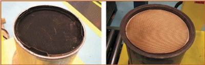 The photo on the left shows a diesel particulate filter prior to cleaning. The one of the right shows what a cleaned DPF should look like.