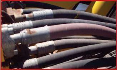 Remember that hoses in an hydraulic assembly can shrink by as much as 4% when under pressure, so make sure the hose you install is long enough to account for the pressure-related shrinkage.