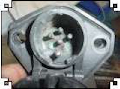 When moisture and corrosive de-icing chemicals seep into a J560 connector, they can eat away and eventually destroy the rods on the connection’s male end.