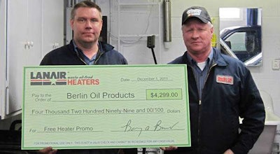 Pictured (left to right): Berlin Oil Products’ Jeremie Vande Brink and Barry Rodensal are presented with their award from Lanair.