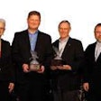 Denise Rondini, Truck Parts & Service Executive Editor, presented the 2011 Distributor of the Year Award to John Bzeta of Fleet Brake (second from left) and Tom Stewart of Carolina Rim & Wheel (third from left). Craig Kruckeberg, CEO of Minimizer, the program’s sponsor, was also in attendance.