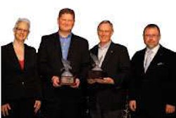 Denise Rondini, Truck Parts & Service Executive Editor, presented the 2011 Distributor of the Year Award to John Bzeta of Fleet Brake (second from left) and Tom Stewart of Carolina Rim & Wheel (third from left). Craig Kruckeberg, CEO of Minimizer, the program’s sponsor, was also in attendance.