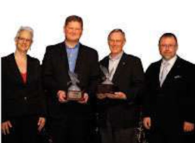 Denise Rondini, Truck Parts & Service Executive Editor, presented the 2011 Distributor of the Year Award to John Bzeta of Fleet Brake (second from left) and Tom Stewart of Carolina Rim & Wheel (third from left). Craig Kruckeberg, CEO of Minimizer, the program’s sponsor, was also in attendance.