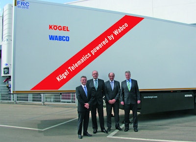 Kögel and WABCO sign new agreement for telematics; from left to right: Nick Rens, WABCO vice president, aftermarket and trailer systems; Werner Rempel, WABCO OE sales manager Germany, trailer systems; Thomas Heckel, Kögel CEO and managing director purchasing and sales; Thomas Eschey, Kögel managing director technology and production.
