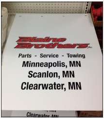 Each business in the Blaine Brothers family of companies has its own customized mud flaps. The flaps are given as gifts to customers who reach parts and service sales thresholds as a value-added perk.