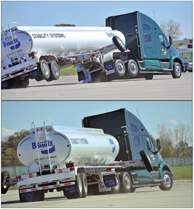 Above: A test truck executes a high-speed turn without electronic stability control. Below: The truck executes the same turn with a functioning ESC system.