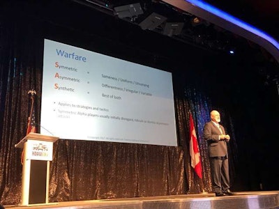 Rick Funston speaks on business warfare Tuesday at Heavy Duty Aftermarket Week (HDAW) 2017 in Las Vegas.