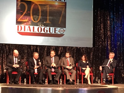 James Chenier, vice president of parts sales and marketing for Volvo Trucks; David Danforth, Paccar Parts general manager; Mike Eppes, managing vice president of parts for Rush Enterprises; Carlos Junquera, vice president of North American parts sales for Navistar; Terri Roseman, FleetPride’s director of category management and marketing; Terri Roseman, Hugh Charvat, CEO of AP Exhaust.