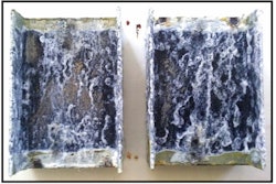 The study shows continuous salt spray exposure caused the galvanized sample to begin visibly shedding its protective zinc coating in the form of zinc oxide, also known as white rust.