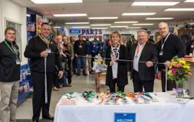 Open House ribbon cutting (left to right): Bob Elsasser, General Manager, Mid-States Utility Trailer Sales Omaha; Shane Keizer, Owner, Mid-States Utility Trailer Sales; Stacy Bricker, Owner, Mid-States Utility Trailer Sales; Doug Donscheski, Director of Safety, Training and Membership Development, Nebraska Trucking Association; David Brown, President and Chief Executive Officer, Greater Omaha Chamber of Commerce.