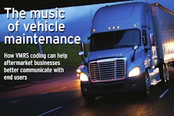 Semi-truck driving under an overpass with text overlay that says the music of vehicle maintenance how VMRS coding can help aftermarket businesses better communicate with end users