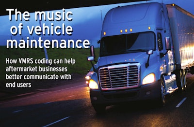 Semi-truck driving under an overpass with text overlay that says the music of vehicle maintenance how VMRS coding can help aftermarket businesses better communicate with end users