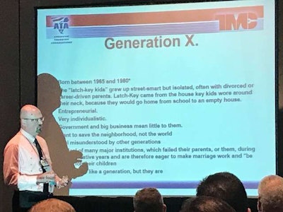 Chas Voyles speaks to a TMC task force in Orlando Tuesday about the incoming surge of Millennials into the industry’s workforce.
