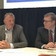 Volkswagen Truck & Bus CEO Andreas Renschler (left) and Troy Clarke, Navistar’s chairman, president and CEO (right), discuss plans for future product integration.