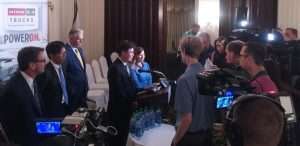 Davey Jung, executive vice president at Hino Motors Manufacturing U.S.A., answers questions from the media Wednesday at press conference in West Virginia.
