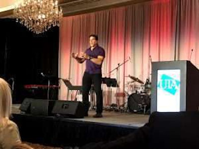 Lou Ferrigno speaks Thursday at the UTA annual convention in Las Vegas.