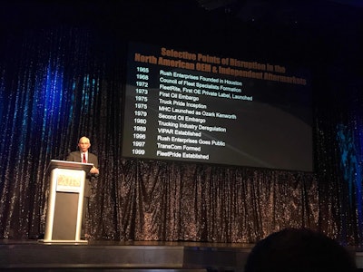 Stu MacKay speaks on globalization Monday during Heavy Duty Aftermarket Dialogue in Las Vegas.