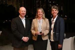 Eganne Wolfington of Wolfington Body Company accepts the 2017 IC Dealer of the Year award. She is flanked from left to right by Ryan Kauffman (vice president of sales, IC Bus) and Trish Reed (general manager and vice president, IC Bus).