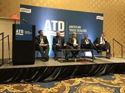 From left: ATD Senior Economist Patrick Manzi, John Blodgett of MacKay & Company and ACT Research’s Kenny Vieth, Steve Tam and Jim Meil present during Thursday’s industry roundtable at ATD Show 2018.