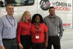 Left to right: Jim Stevenson, Arrow Truck Sales; Ellen Voie, Women in Trucking; Tiffany Hanna, winner of the Truck giveaway; and Jim Taber, Arrow Truck Sales.