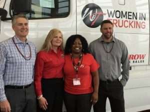 Left to right: Jim Stevenson, Arrow Truck Sales; Ellen Voie, Women in Trucking; Tiffany Hanna, winner of the Truck giveaway; and Jim Taber, Arrow Truck Sales.