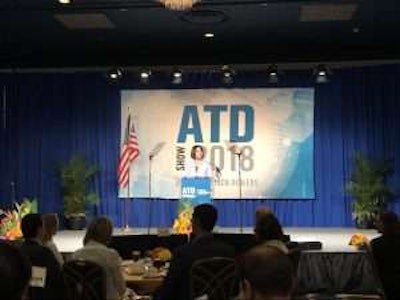 New ATD Chair Jodie Teuton delivers her introductory address Saturday at ATD Show 2018 in Las Vegas.