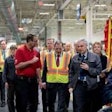 Swedish Prime Minister Stefan Löfven, Swedish Ambassador to the United States Karin Olofsdotter and Volvo Group President and CEO Martin Lundstedt recently visited the Volvo Group North America’s powertrain facility in Hagerstown, Maryland, for a dialogue session with employees. Pictured left to right: Ambassador Karin Olofsdotter, UAW Local 171 President Dave Dopp, Prime Minister Stefan Löfven and Vice President of Powertrain Production Pierre Jenny.