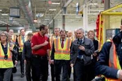 Swedish Prime Minister Stefan Löfven, Swedish Ambassador to the United States Karin Olofsdotter and Volvo Group President and CEO Martin Lundstedt recently visited the Volvo Group North America’s powertrain facility in Hagerstown, Maryland, for a dialogue session with employees. Pictured left to right: Ambassador Karin Olofsdotter, UAW Local 171 President Dave Dopp, Prime Minister Stefan Löfven and Vice President of Powertrain Production Pierre Jenny.