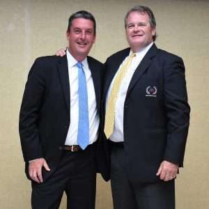 NationaLease Hall of Fame inductee Jay Hagerty (right), a NationaLease national account executive based in southeastern Pennsylvania, was congratulated by Dean Vicha, president of NationaLease, at the organization’s Masters Club Meeting held at the Hyatt Ziva in Puerto Vallarta, Mexico.
