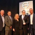 S&S Volvo Dealer Principal Todd Schaub (right of center) and wife Lynn Schaub (center) receive the award for the 2017 Volvo Trucks North American Dealer of the Year from (left to right) Bruce Kurtt, senior vice president of sales for Volvo Trucks North America; Chris Gossler, regional vice president northeast U.S. region; and Göran Nyberg, president of Volvo Trucks North America.