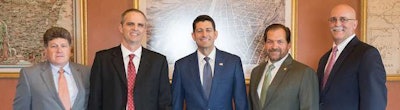 The American Truck Dealers (ATD) held its legislative fly-in to Capitol Hill from June 20-21, 2018. Pictured left to right: Chris Snyder, Wisconsin Auto and Truck Dealers Association (WATDA); Jon McCoy, Truck Country; U.S. House Speaker Paul Ryan (R-Wis.); Eric Jorgensen, JX Peterbilt; and Bill Sepic, WATDA.