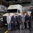 DTNA Senior Vice President of Operations and Specialty Vehicles Jeff Allen (left to right), North Carolina Governor Roy Cooper, DTNA CEO Roger Nielsen, Freightliner Trucks Vice President of Sales Bob Correll, Cleveland Truck Manufacturing Plant Manager Erik Johnson and Chairman of Cargo Transporters John Pope