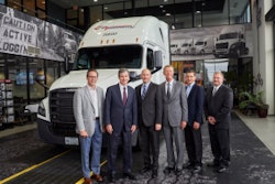 DTNA Senior Vice President of Operations and Specialty Vehicles Jeff Allen (left to right), North Carolina Governor Roy Cooper, DTNA CEO Roger Nielsen, Freightliner Trucks Vice President of Sales Bob Correll, Cleveland Truck Manufacturing Plant Manager Erik Johnson and Chairman of Cargo Transporters John Pope