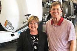 Kari Rihm (left), president and CEO of Rihm Kenworth, hosts U.S. Rep. Jason Lewis (right) at the dealership on July 30, 2018.