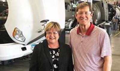 Kari Rihm (left), president and CEO of Rihm Kenworth, hosts U.S. Rep. Jason Lewis (right) at the dealership on July 30, 2018.