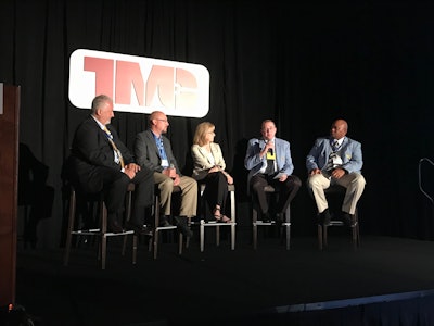 From left: Jim Coakley at Lincoln Tech, Mike Mallett at DTNA, Trish Serratore with ASE, Jim Boyd of Southeastern Freight Lines and Homer Hogg with TravelCenters of America.