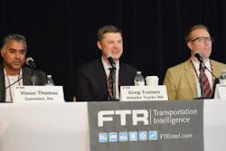 Panelists from left: Vinoo Thomas, Cummins; Greg Treinen, Daimler Trucks North America; Collin Shaw, WABCO.