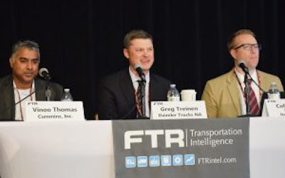 Panelists from left: Vinoo Thomas, Cummins; Greg Treinen, Daimler Trucks North America; Collin Shaw, WABCO.