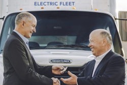 Daimler Trucks North America CEO Roger Nielsen delivers the first Freightliner eM2 electric commercial vehicle to Penske Truck Leasing CEO Brian Hard. The eM2 is the first of the Freightliner Electric Innovation Fleet that Penske will use in California and the Pacific Northwest.