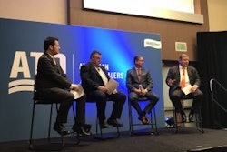 Moderator Seth Clevenger (left) leads a panel with Jim Aartman, COO, California Freight; Randy Guillot, president, Triple G Express/Southeastern Motor Freight; and Harold Sumerford, Jr., chairman and CEO, J&M Trucking at the 2019 ATD Show Thursday in San Francisco.