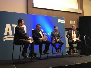 Moderator Seth Clevenger (left) leads a panel with Jim Aartman, COO, California Freight; Randy Guillot, president, Triple G Express/Southeastern Motor Freight; and Harold Sumerford, Jr., chairman and CEO, J&M Trucking at the 2019 ATD Show Thursday in San Francisco.