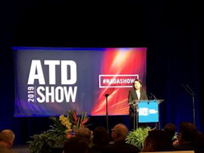 ATD Chairwoman Jodie Teuton from Kenworth of Louisiana speaks at Friday’s general session at ATD Show 2019 in San Francisco.