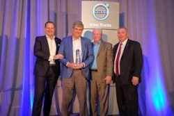 General Truck Sales dealer principal Steve Bassett (left of center) receives the award for the 2018 Volvo Trucks North American Dealer of the Year from (left to right) Peter Voorhoeve, president, Volvo Trucks North America; Bill Hubbartt, regional vice president, central U.S. region; Bruce Kurtt, senior vice president of U.S. sales for Volvo Trucks North America.