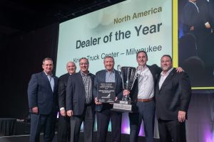 Martin Weissburg, president, Mack Trucks and member, Volvo Group Executive Board (from left to right); Joseph Favia, regional vice president — central region, Mack Trucks; David Barletta, executive vice president and director, Mack truck sales, Kriete Group; Marty Dudenhoeffer, executive vice president, dealer operations, Kriete Group; David Kriete, owner, Kriete Group; Jonathan Randall, senior vice president, North American sales and marketing, Mack Trucks.