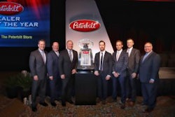 Leon Handt, Peterbilt assistant general manager, operations (left to right); Peyton Harrell, Peterbilt director of dealer development; John Arscott, Greg Arscott, and Jeff Arscott, The Peterbilt Store; Jason Skoog, Peterbilt general manager; and Robert Woodall, Peterbilt assistant general manager, sales and marketing