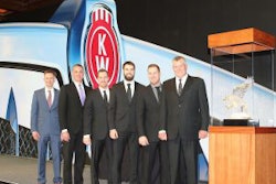 Kenworth Maska received the 2018 Kenworth Dealer of the Year Award for the United States and Canada. From left are Kevin Baney, Kenworth assistant general manager for sales and marketing; Mike Dozier, Kenworth general manager and Paccar vice president; and Kenworth Maska executives Nicolas Letendre, Sébastien Letendre, Samuel Letendre, and Pierre Letendre.