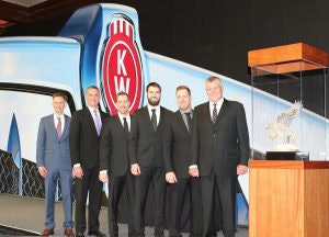 Kenworth Maska received the 2018 Kenworth Dealer of the Year Award for the United States and Canada. From left are Kevin Baney, Kenworth assistant general manager for sales and marketing; Mike Dozier, Kenworth general manager and Paccar vice president; and Kenworth Maska executives Nicolas Letendre, Sébastien Letendre, Samuel Letendre, and Pierre Letendre.