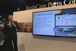 Rush Truck Centers Mike Eppes introduces RushCare Parts Connect at TMC Monday.