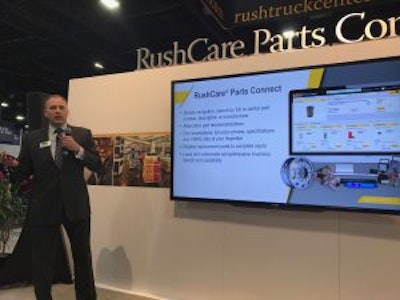 Rush Truck Centers Mike Eppes introduces RushCare Parts Connect at TMC Monday.